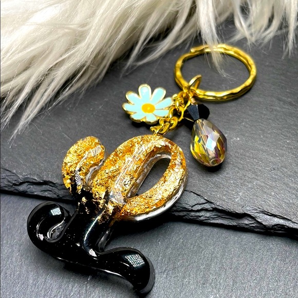 Artisan Handbags - Custom Made Hand Crafted Gold Leaf & Black Resin Keychain With Austrian Crystal